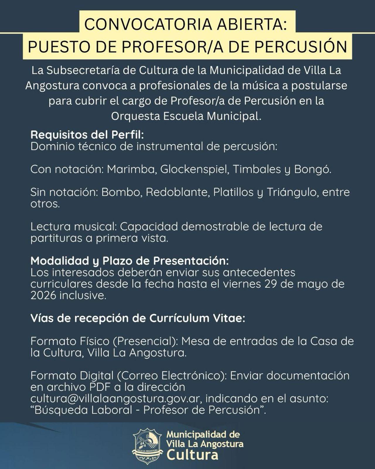 CONVOCATORIA ABIERTA: PUESTO DE PROFESOR/A DE PERCUSIÓN Subsecretaría de Cultura
