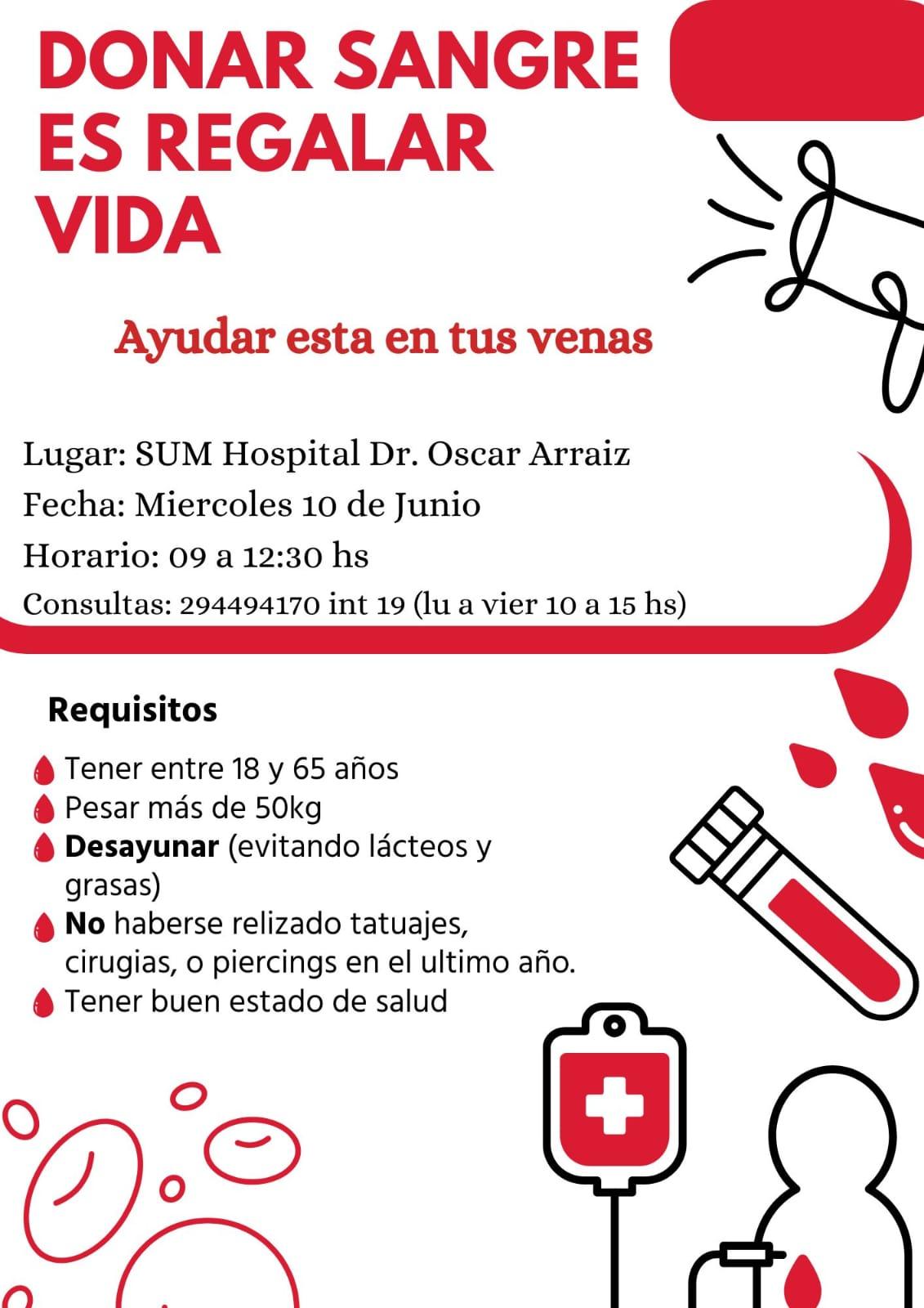 Convocan a una nueva jornada de donación de sangre en el Hospital Dr. Oscar Arraiz