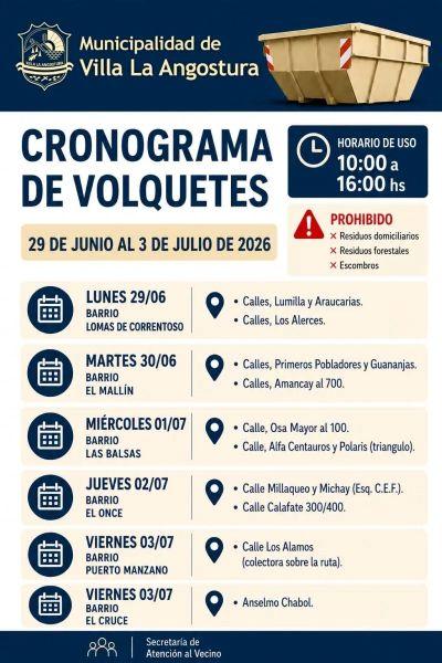 Villa La Angostura: difundieron el cronograma semanal de volquetes para distintos barrios
