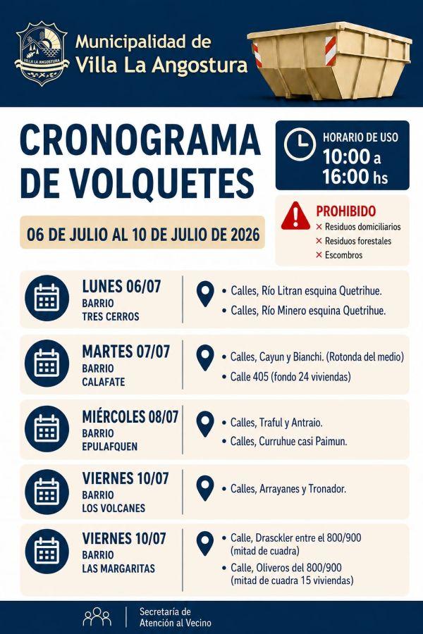 La Secretaría de Atención al Vecino informó el cronograma semanal de volquetes para los barrios
